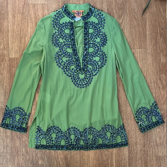 TORY BURCH TUNIC BEADED GEMS SEQUINED GREEN SAPPHIRE BLUE 2 LONG SLEEVE SHIRT SF - Picture 6 of 16